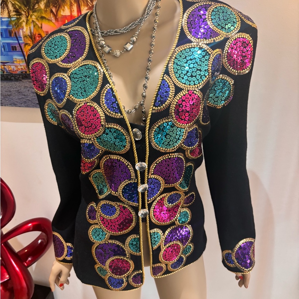 St. John Black Sequined Embellished Blazer jacket 12 L multi paillettes